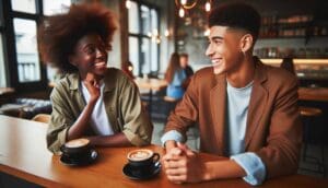 Duas pessoas conversam em uma cafeteria
